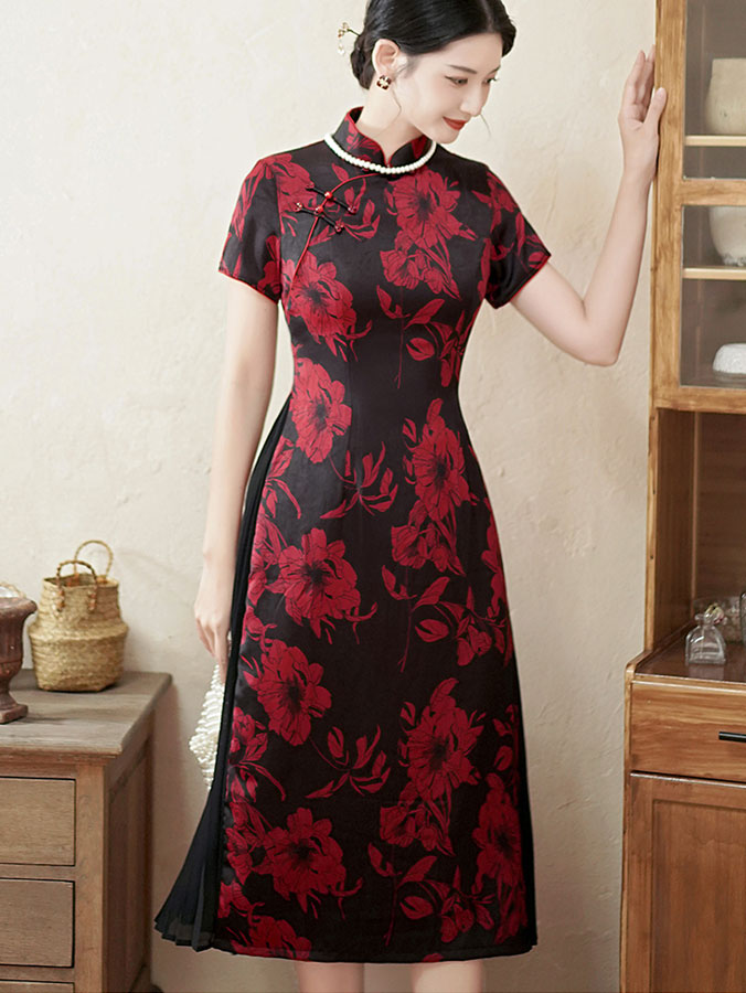 Green Red Mothers Floral A-Line Cheongsam Qipao Dress