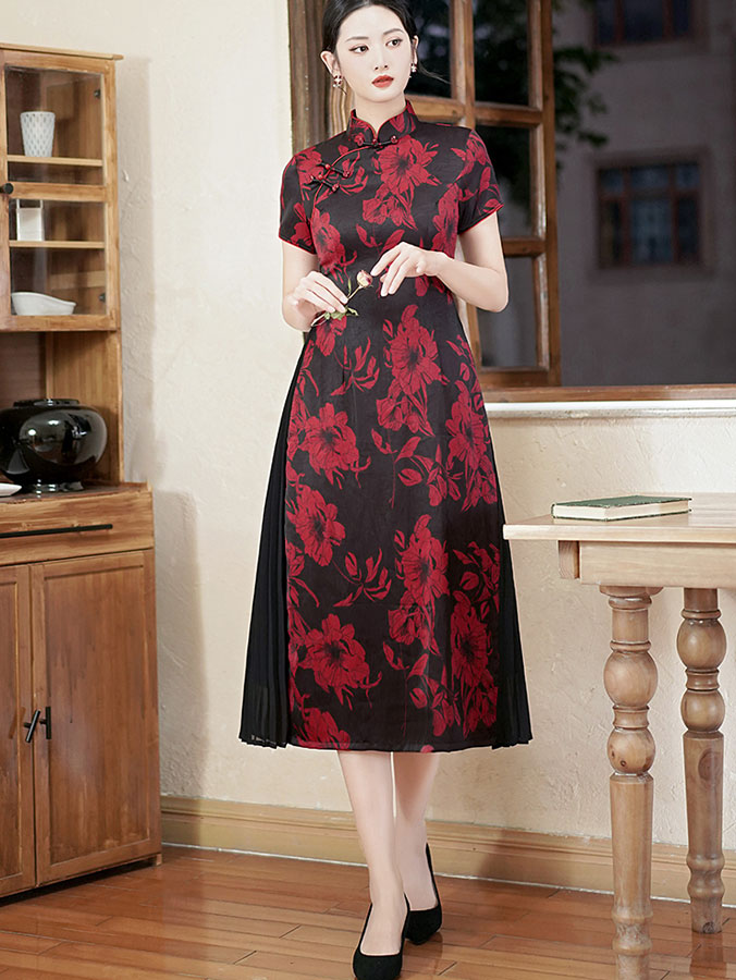Green Red Mothers Floral A-Line Cheongsam Qipao Dress