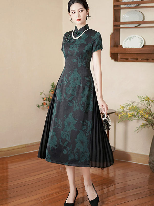 Green Red Mothers Floral A-Line Cheongsam Qipao Dress
