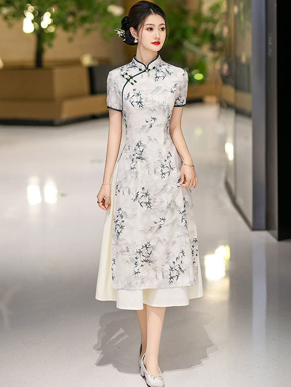 Green Gray Mothers Jacquard A-Line Cheongsam Qipao Dress