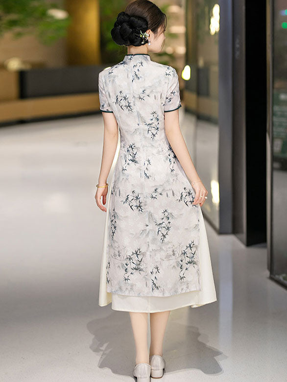 Green Gray Mothers Jacquard A-Line Cheongsam Qipao Dress