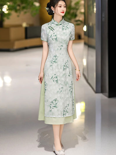 Green Gray Mothers Jacquard A-Line Cheongsam Qipao Dress