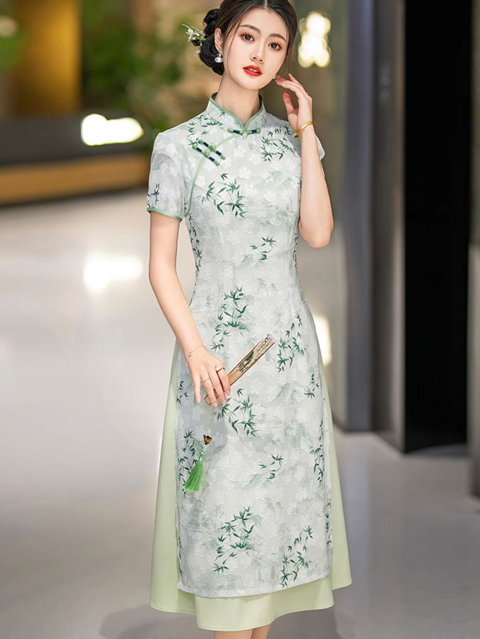 Green Gray Mothers Jacquard A-Line Cheongsam Qipao Dress