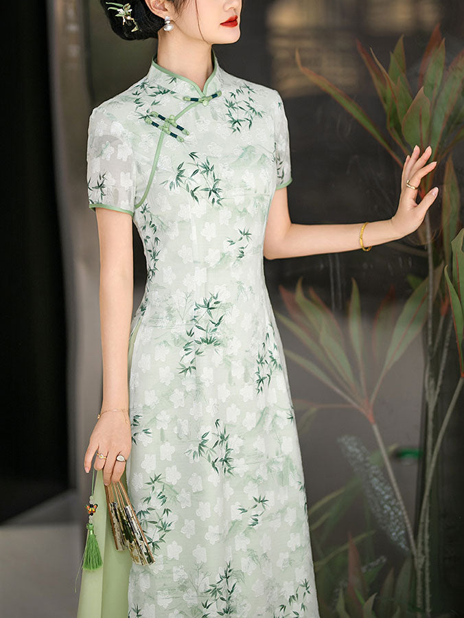Green Gray Mothers Jacquard A-Line Cheongsam Qipao Dress