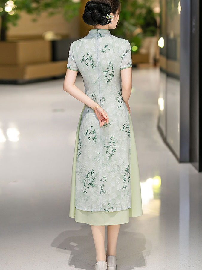 Green Gray Mothers Jacquard A-Line Cheongsam Qipao Dress