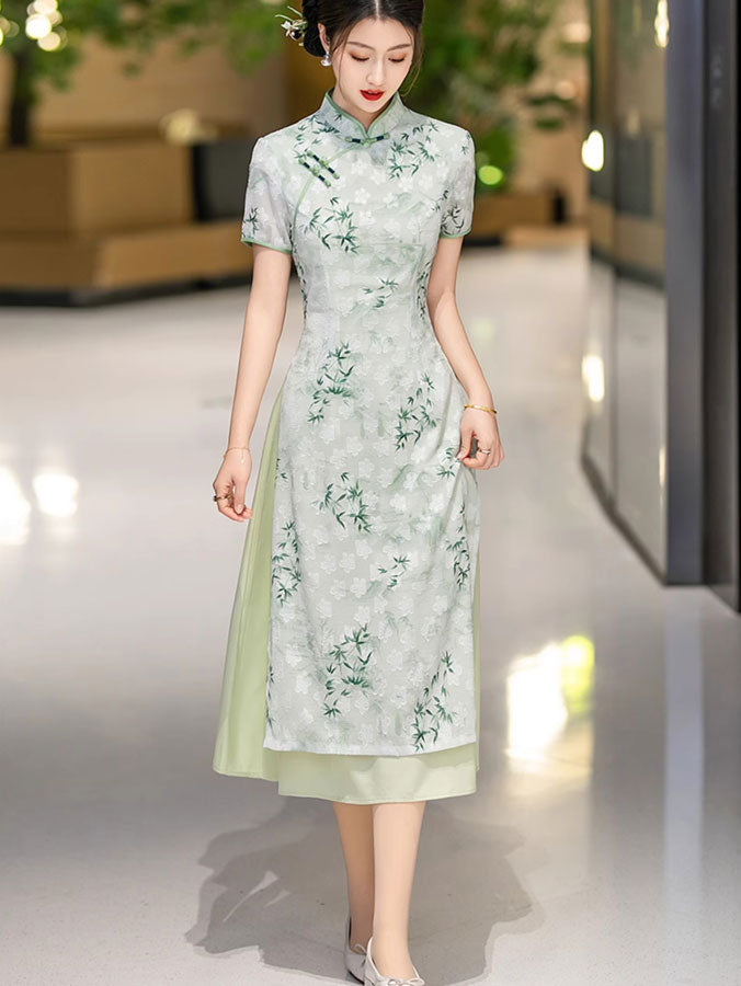 Green Gray Mothers Jacquard A-Line Cheongsam Qipao Dress
