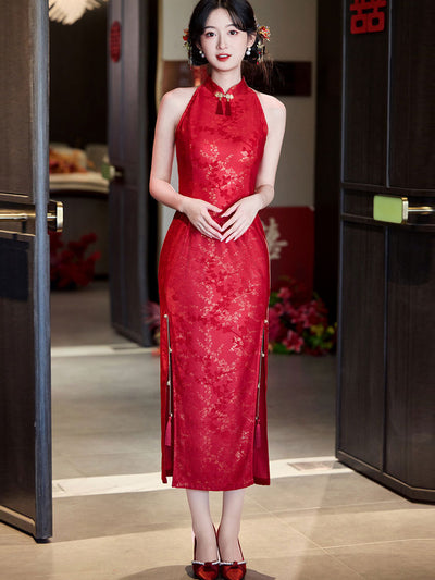 Red Jacquard Halter Wedding Bridal Cheongsam Qipao Dress