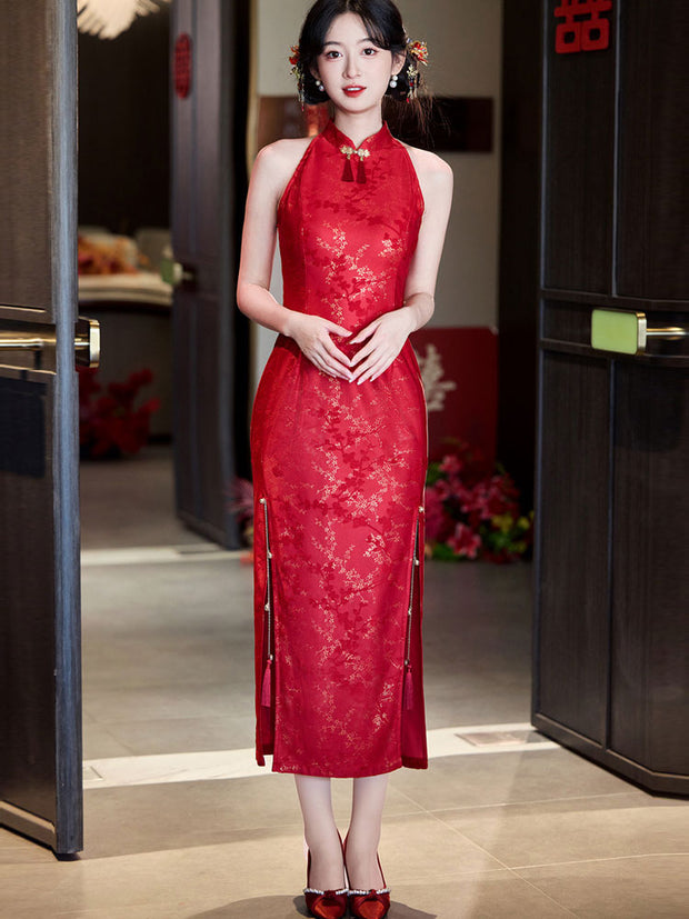 Red Jacquard Halter Wedding Bridal Cheongsam Qipao Dress