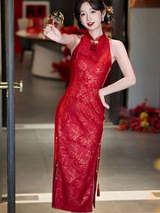 Red Jacquard Halter Wedding Bridal Cheongsam Qipao Dress