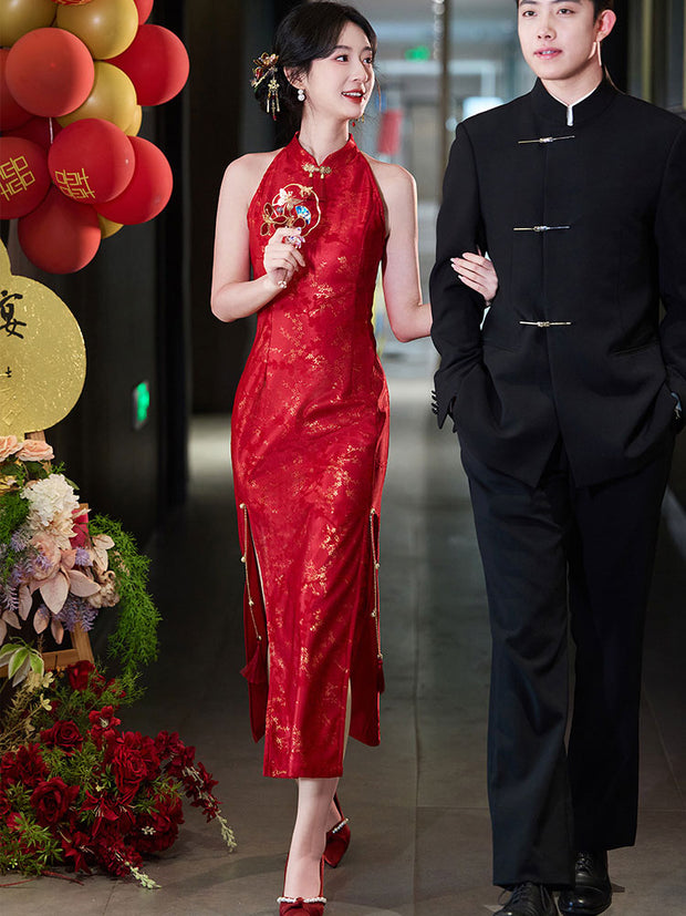 Red Jacquard Halter Wedding Bridal Cheongsam Qipao Dress