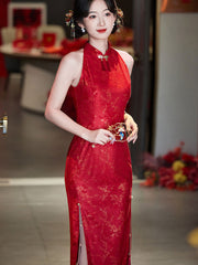 Red Jacquard Halter Wedding Bridal Cheongsam Qipao Dress