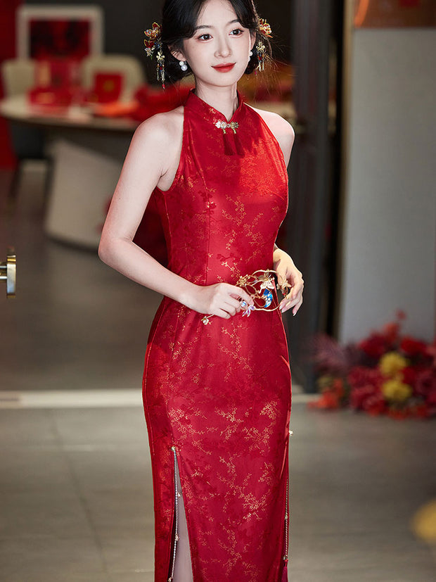 Red Jacquard Halter Wedding Bridal Cheongsam Qipao Dress