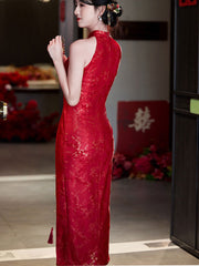 Red Jacquard Halter Wedding Bridal Cheongsam Qipao Dress