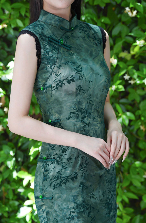 Green Purple Floral Print Qipao Cheongsam Dress