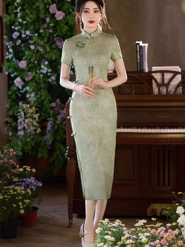 Green Jacquard Midi Cheongsam Qipao Dress