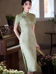 Green Jacquard Midi Cheongsam Qipao Dress