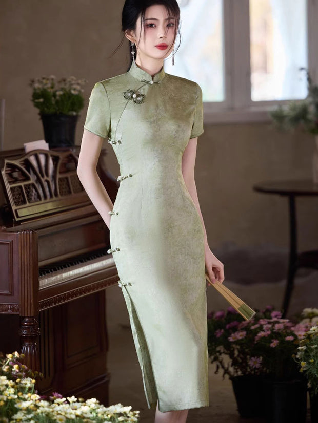 Green Jacquard Midi Cheongsam Qipao Dress
