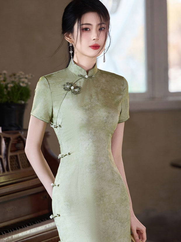 Green Jacquard Midi Cheongsam Qipao Dress