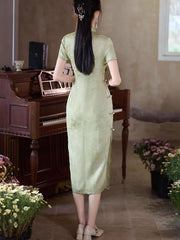 Green Jacquard Midi Cheongsam Qipao Dress