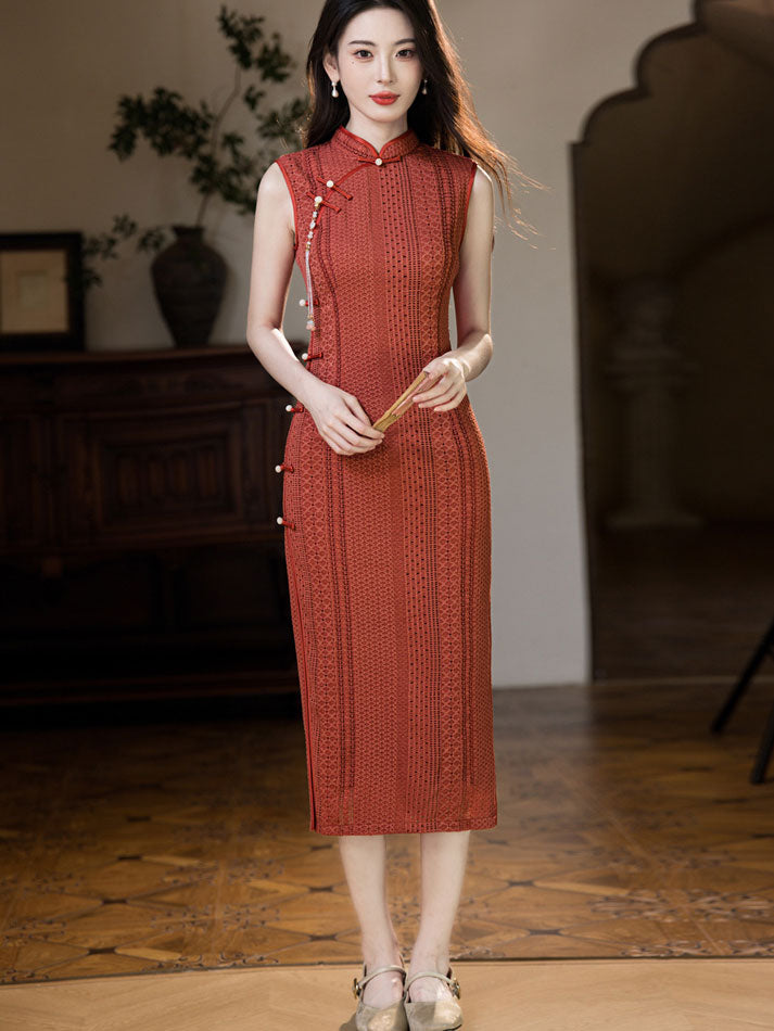 Red Beige Knitted Midi Cheongsam Qipao Dress M / Red