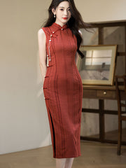 Red Beige Knitted Midi Cheongsam Qipao Dress