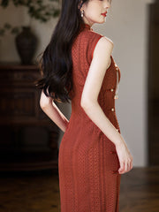 Red Beige Knitted Midi Cheongsam Qipao Dress