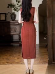 Red Beige Knitted Midi Cheongsam Qipao Dress