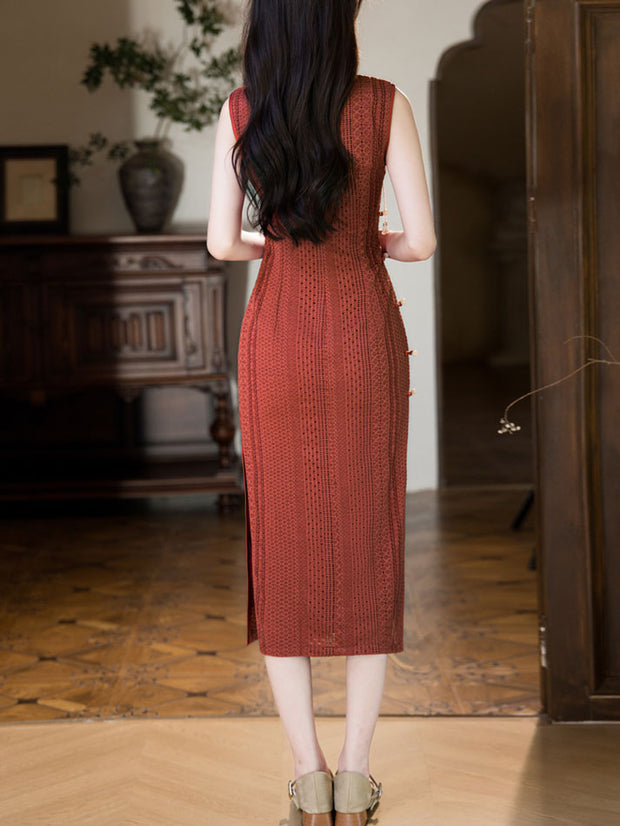 Red Beige Knitted Midi Cheongsam Qipao Dress