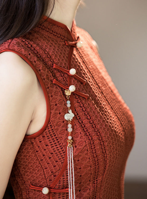 Red Beige Knitted Midi Cheongsam Qipao Dress