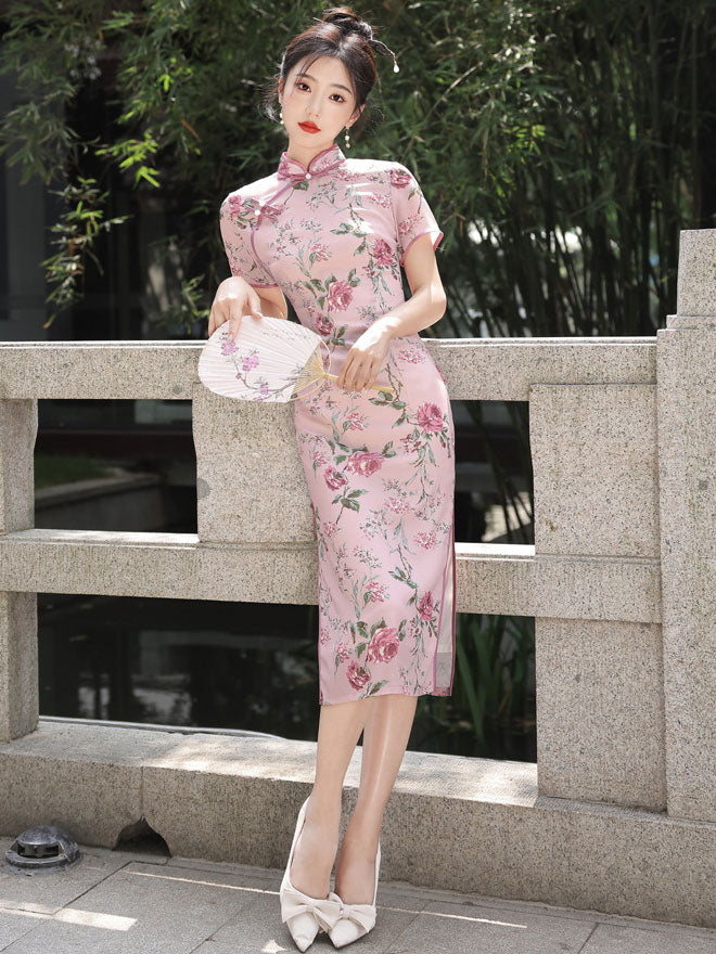 Summer Pink Floral Print Cheongsam Qipao Dress