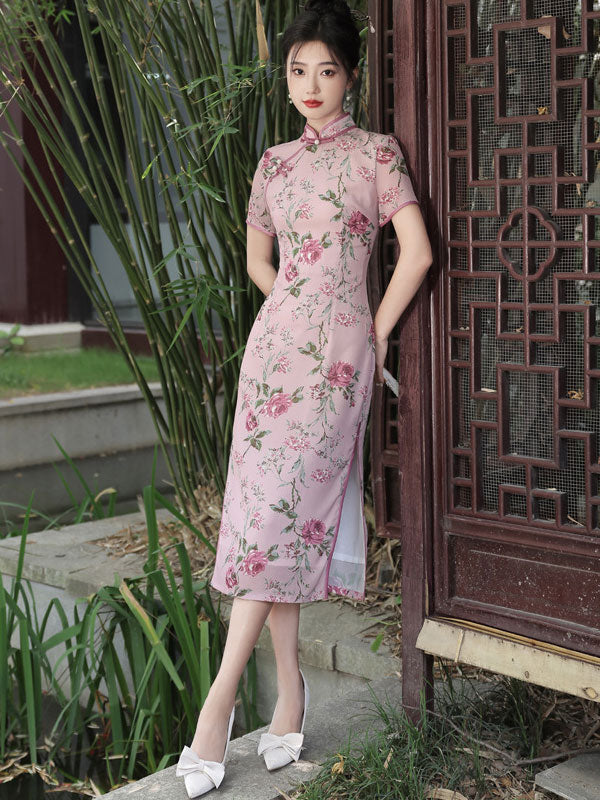 Summer Pink Floral Print Cheongsam Qipao Dress