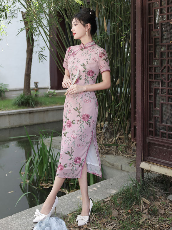 Summer Pink Floral Print Cheongsam Qipao Dress