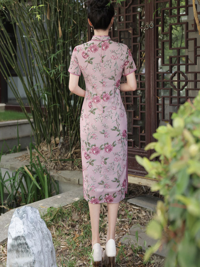 Summer Pink Floral Print Cheongsam Qipao Dress