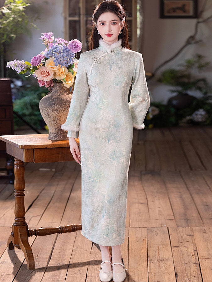 Floral Satin Fleece Winter Cheongsam Qipao Dress