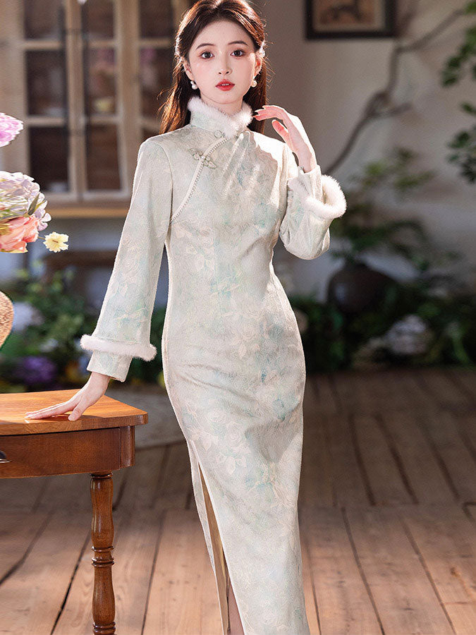 Floral Satin Fleece Winter Cheongsam Qipao Dress