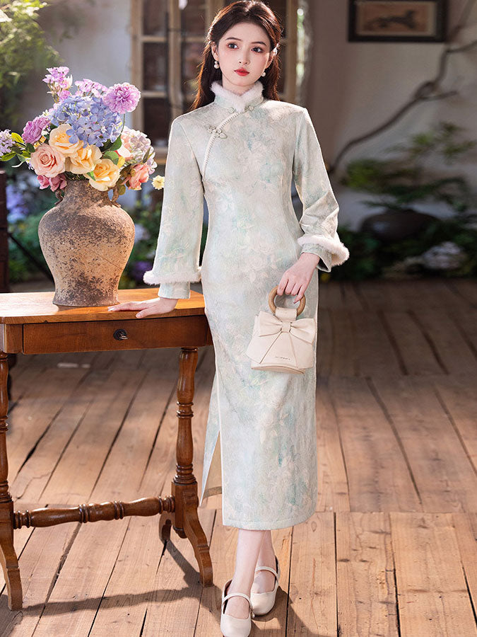 Floral Satin Fleece Winter Cheongsam Qipao Dress