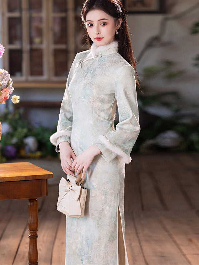Floral Satin Fleece Winter Cheongsam Qipao Dress