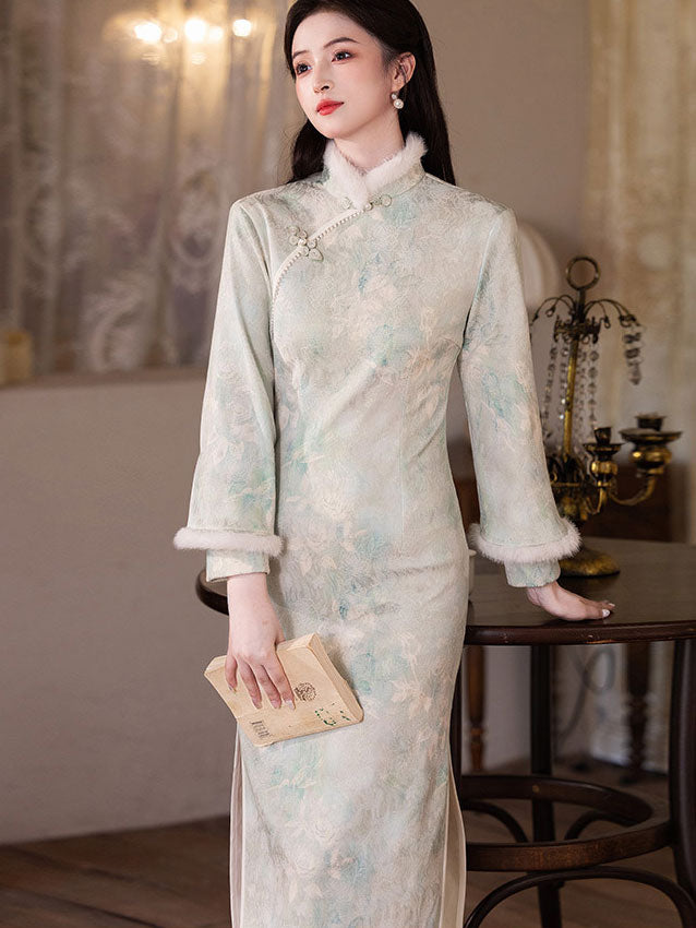 Floral Satin Fleece Winter Cheongsam Qipao Dress