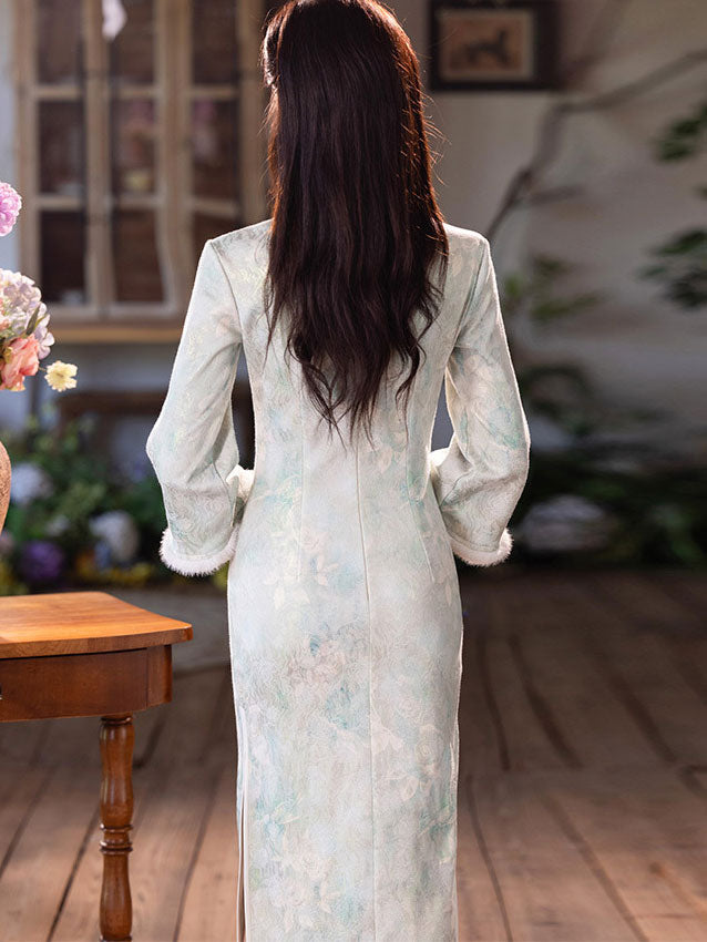 Floral Satin Fleece Winter Cheongsam Qipao Dress