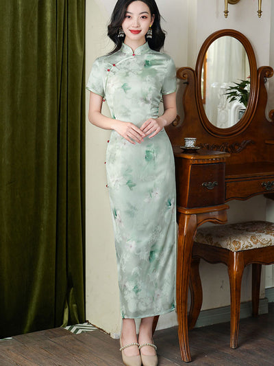 Green Jacquard Floral Cheongsam Qipao Dress