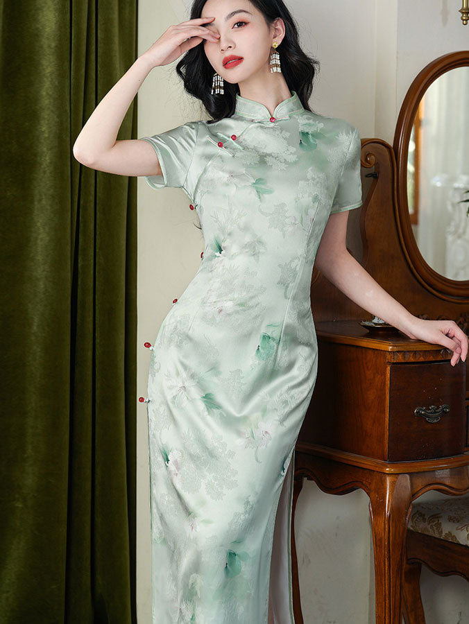 Green Jacquard Floral Cheongsam Qipao Dress