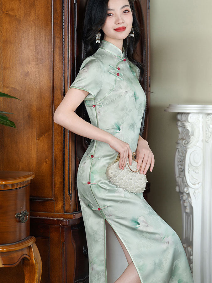 Green Jacquard Floral Cheongsam Qipao Dress