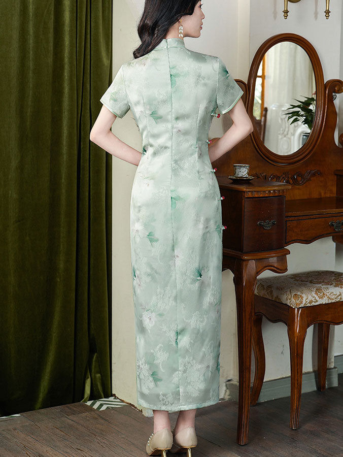 Green Jacquard Floral Cheongsam Qipao Dress