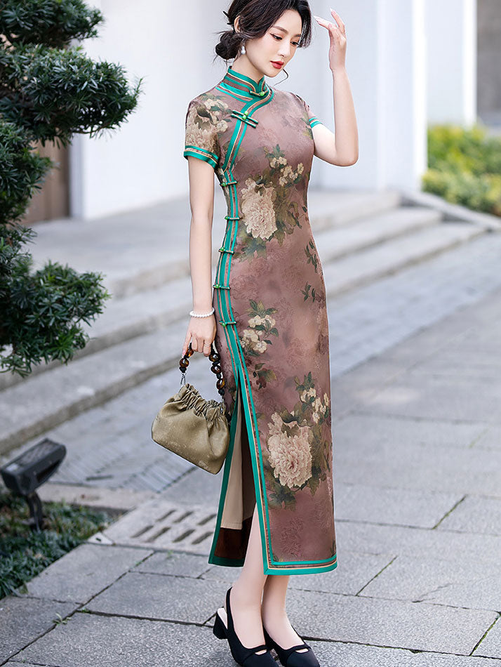 Floral Print Mothers Maxi Cheongsam Qipao Dress