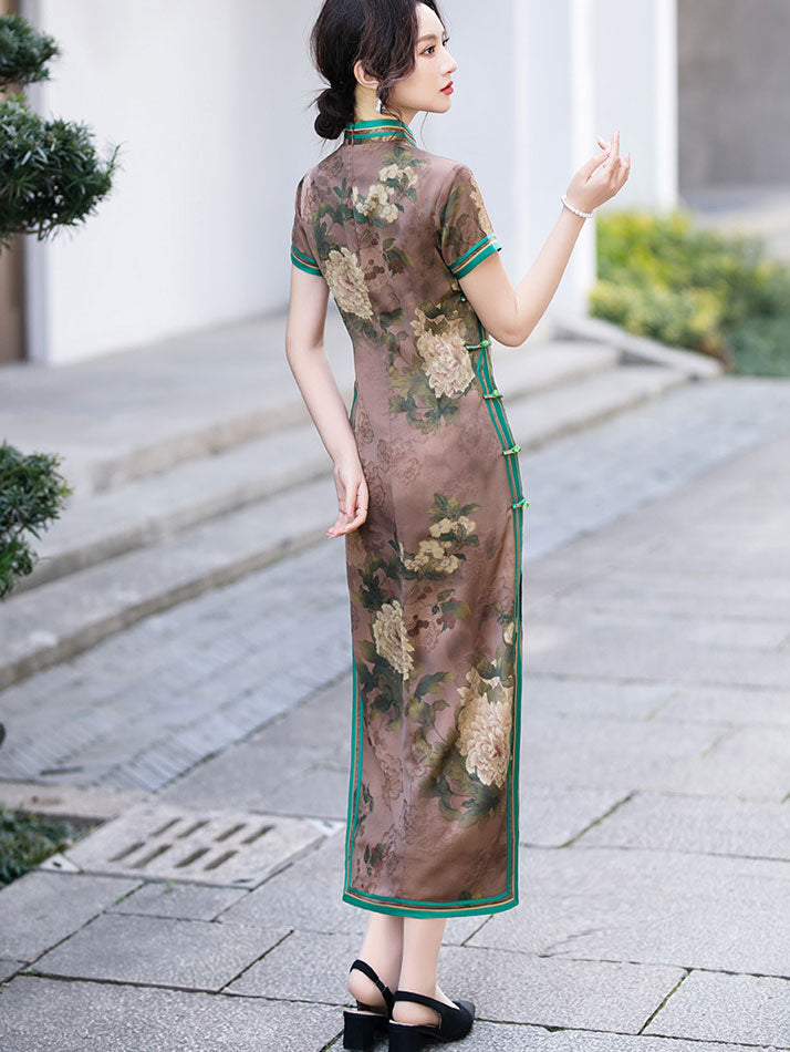 Floral Print Mothers Maxi Cheongsam Qipao Dress
