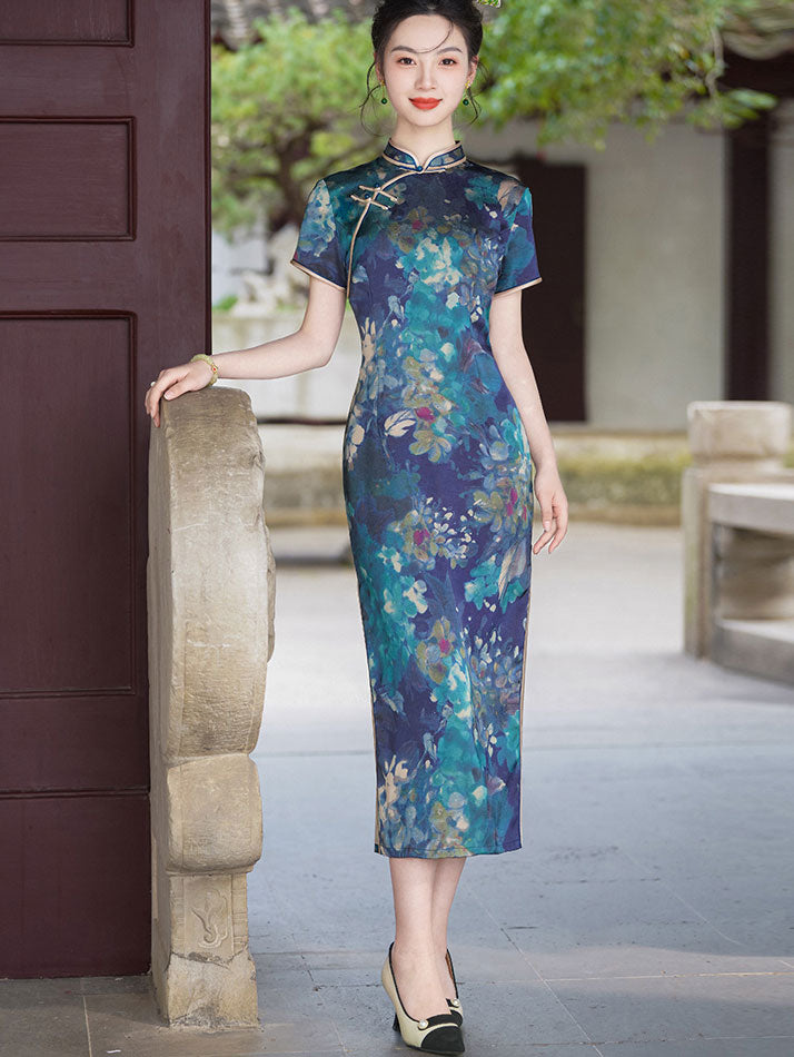 Blue Floral Print Mothers Maxi Qipao Cheongsam Dress