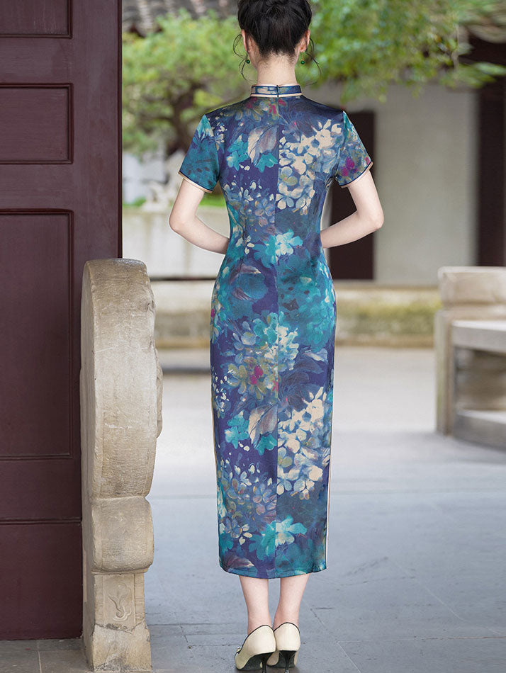 Blue Floral Print Mothers Maxi Qipao Cheongsam Dress
