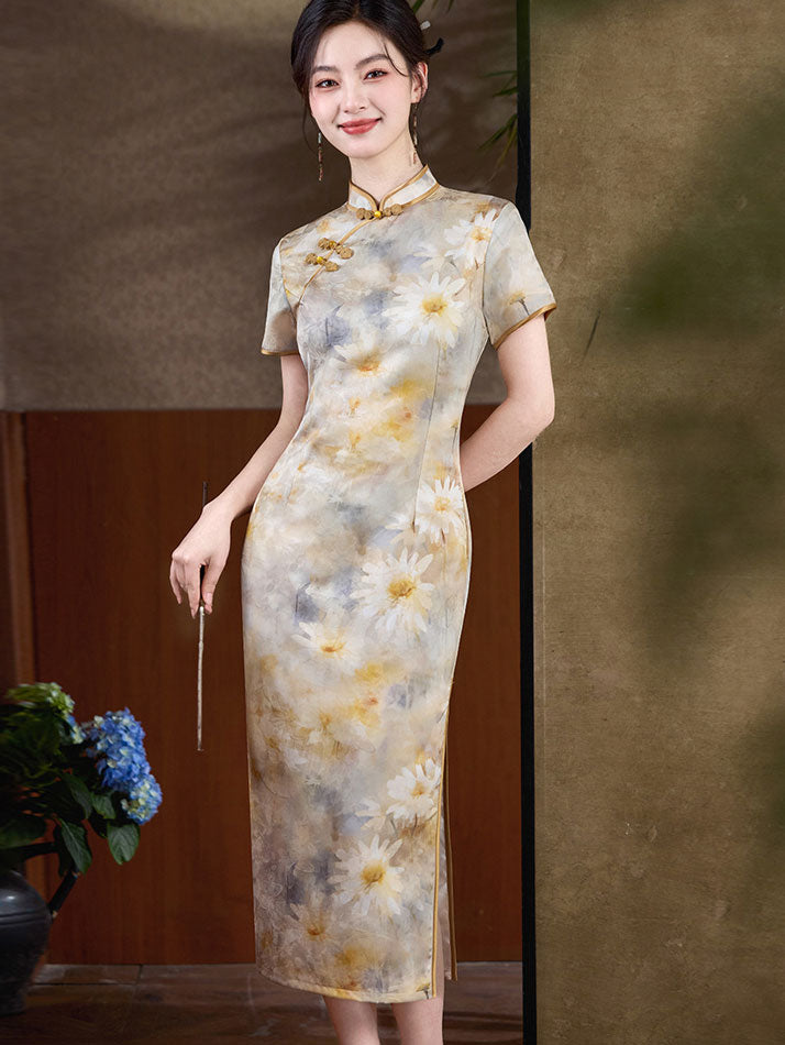 Summer Floral Print Mothers Maxi Qipao Cheongsam Dress