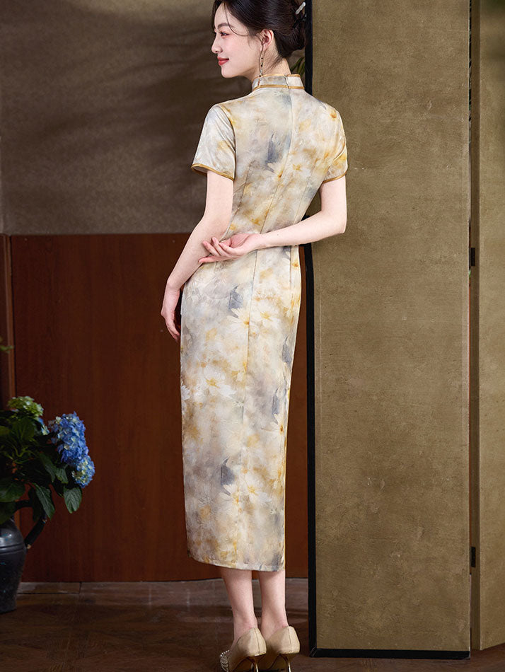 Summer Floral Print Mothers Maxi Qipao Cheongsam Dress
