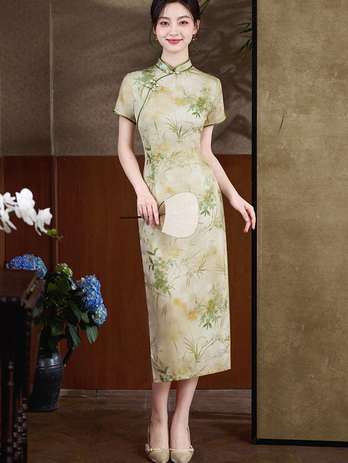 Summer Floral Print Mothers Qipao Cheongsam Dress